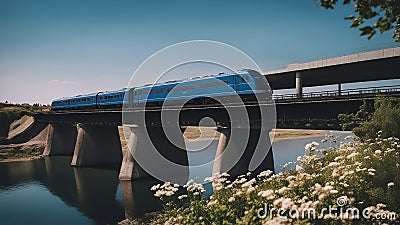 bridge over river A train that travels over a bridge across a river in a sunny evening. The train is black and blue Stock Photo