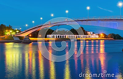The bridge over the Volkhov River in Veliky Novgorod Stock Photo