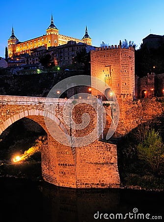 Puerta de Alcantara and Alcazar, Toledo Stock Photo