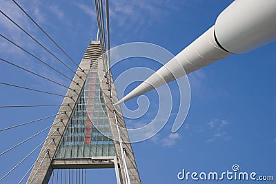 Bridge pylon and rope wires Stock Photo