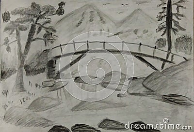 The bridge, river and mountain sketch Stock Photo