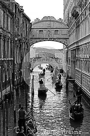 Bridge of Sighs and gondolas in Venice Editorial Stock Photo