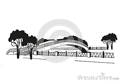 The bridge is silhouetted. Graphic style of linocut. Black and white Cartoon Illustration