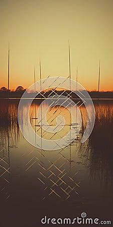 Captivating Sunset Over Water: Intricate Geometric Landscapes Stock Photo