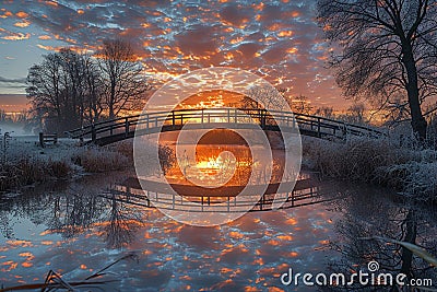 A bridge spanning a tranquil river at sunrise Stock Photo