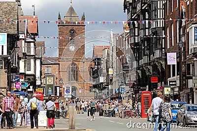 Bridge street and St Peter's Church. Chester. England Editorial Stock Photo