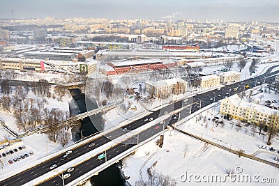 Bridge on the Svisloch River and the road through it with cars in winter.Minsk Belarus Stock Photo