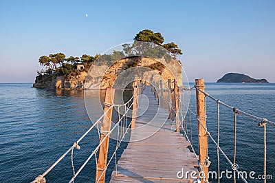 Bridge to Cameo Island at sunset, Zakynthos, Greece Stock Photo