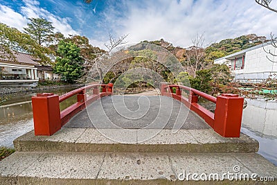 Bridge to the Heike pond (Heike-Ike) located at the entrance of Tsurugaoka Hachimangu shrine. Editorial Stock Photo