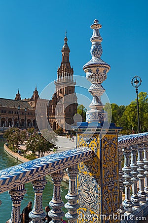 Bridge and Tower Spain Square, Plaza de Espana, Sevilla Editorial Stock Photo