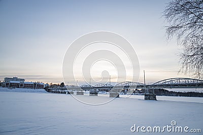 Bridge in UmeÃ¥, Sweden in Winter Stock Photo