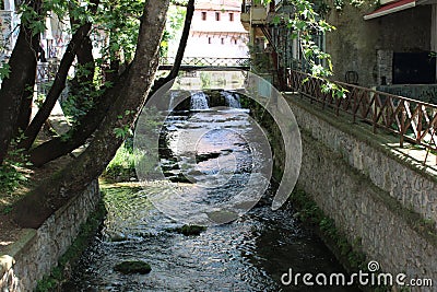 Bridge, waterfalls, river at the old town of Livadeia, Central Greece, Greece. Stock Photo