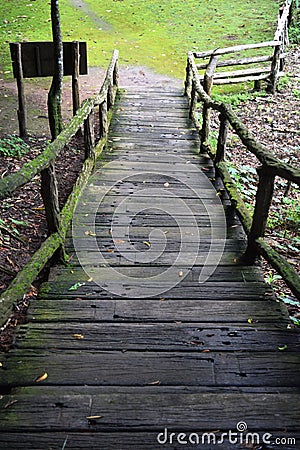 Bridge in the woods and stairs in the middle of the forest. Stock Photo