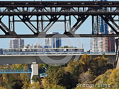 Bridges Across North Saskatchewan River With Train Editorial Stock Photo