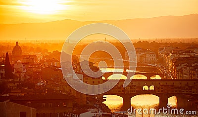 Bridges the arno river florence italy old town in evening sunset Stock Photo