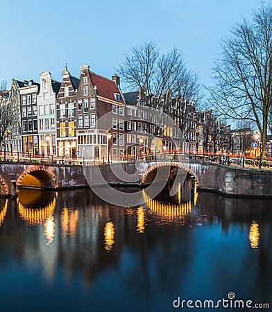 Bridges at the Leidsegracht and Keizersgracht canals intersection in Amsterdam Editorial Stock Photo