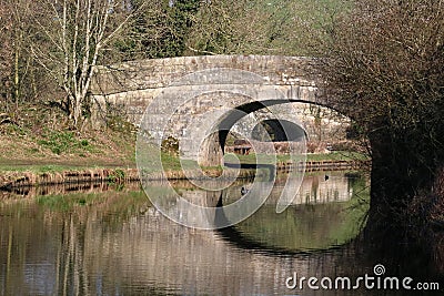 Bridges and reflections, Lancaster Canal, Borwick Stock Photo