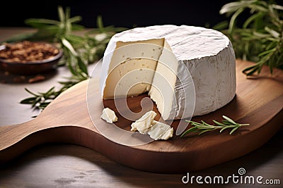 Brie cheese with rind of white mould on cutting board Stock Photo