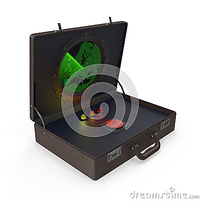 Briefcase with built-in radar and red button. Stock Photo