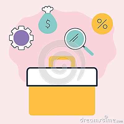 briefcase with a yellow color and bundle of businees icons Vector Illustration