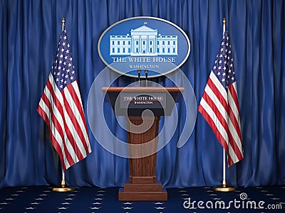 Briefing of president of US United States in White House. Podium Cartoon Illustration