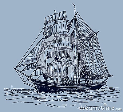 Brig-schooner, brigantine on wavy sea Vector Illustration