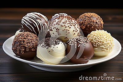 Brigadeiros - small chocolate truffles elegantly displayed on a white platter, tempting viewers to indulge in their rich and Stock Photo