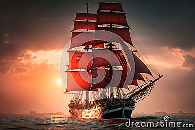 Brigantine with scarlet sails among sea waves on sunset, realistic illustration. Generative ai Cartoon Illustration