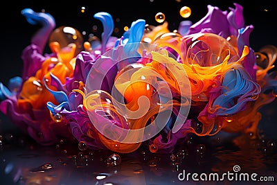 Bright abstract background. Multicoloured vivid liquid in motion and weightlessness. Drops and splashes of acrylic paint in Stock Photo