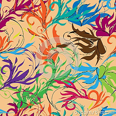 Bright abstract background, oriental ornament. Floral colorful print hand drawn elements on broun Vector Illustration