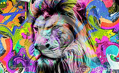 Bright abstract colorful background with lion, paint splashes art design Stock Photo