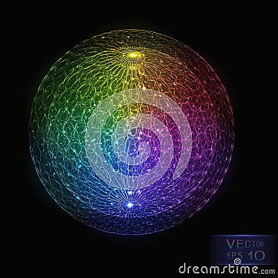 Bright Abstract Colorful Luminous Sphere on Dark Background. Vector Illustration