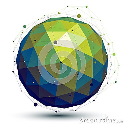 Bright abstract 3D vector network object, art symmetric spherical shiny figure. Dimensional sphere constructed from triangles. Vector Illustration