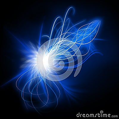 Bright Abstract Light Shape Fractal Effect, Shining Flare with Glowing Particles and Waves of Dazzling Lines Stock Photo