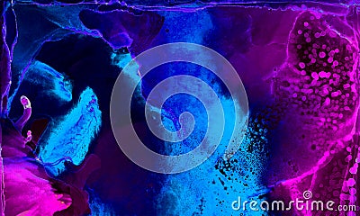 Bright abstract neon dark blue, pink and purple alcohol ink background. Liquid watercolor paint splash texture effect illustration Cartoon Illustration