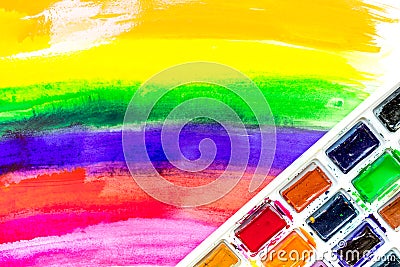 Bright abstract paint drawing background top view texture paint set Stock Photo