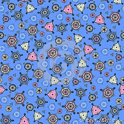 Bright abstract pattern. Seamless vector with different pink and blue elements on blue background. Items scattered Vector Illustration