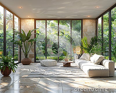 Bright and airy conservatory with floor-to-ceiling glass and tropical plants.3D render Stock Photo