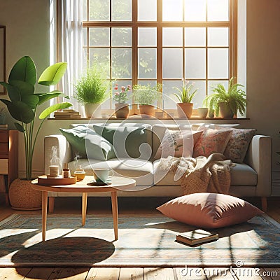 A bright, airy living room filled with plants and sunlight Stock Photo