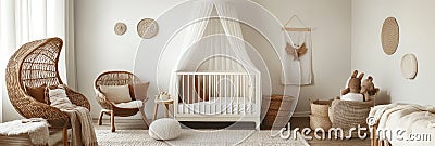 A bright and airy Scandinavian style nursery with a wicker rocking chair a crib with a canopy and woven baskets The room is Stock Photo