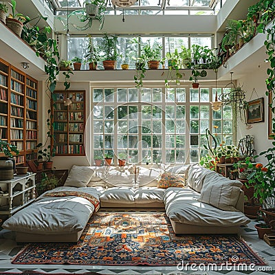 Bright and airy sunroom filled with plants and natural light Stock Photo