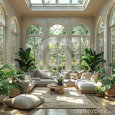 Bright and airy sunroom filled with plants and natural light3D render Stock Photo