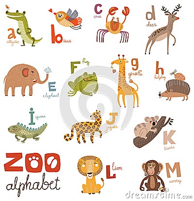 Bright Alphabet set letters with cute animals Vector Illustration