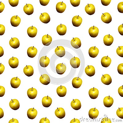 Bright appetizing background with realistic yellow golden ripe apples on a white background. Stock Photo