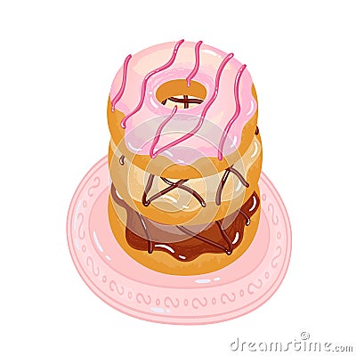 Bright appetizing donuts with glaze and sprinkling on a plate Vector Illustration