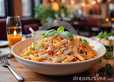 bright and appetizing photo in a cozy restaurant. Perfectly cooked pasta Stock Photo