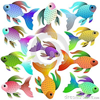 Bright aquarium fish of different colors and shades Vector Illustration