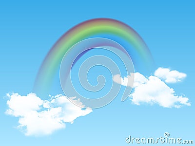 Bright arched rainbow with clouds realistic on blue background. Vector illustration Vector Illustration