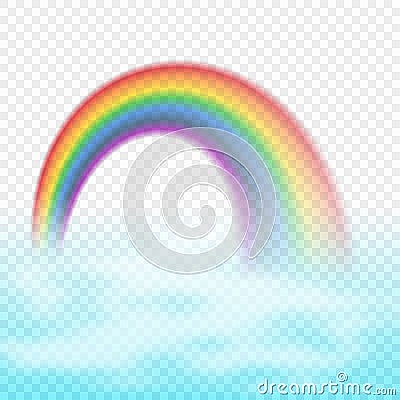 Bright arched rainbow with clouds realistic vector illustration on transparent background Vector Illustration