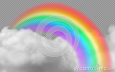 Bright arched rainbow with clouds realistic vector illustration on transparent background Vector Illustration